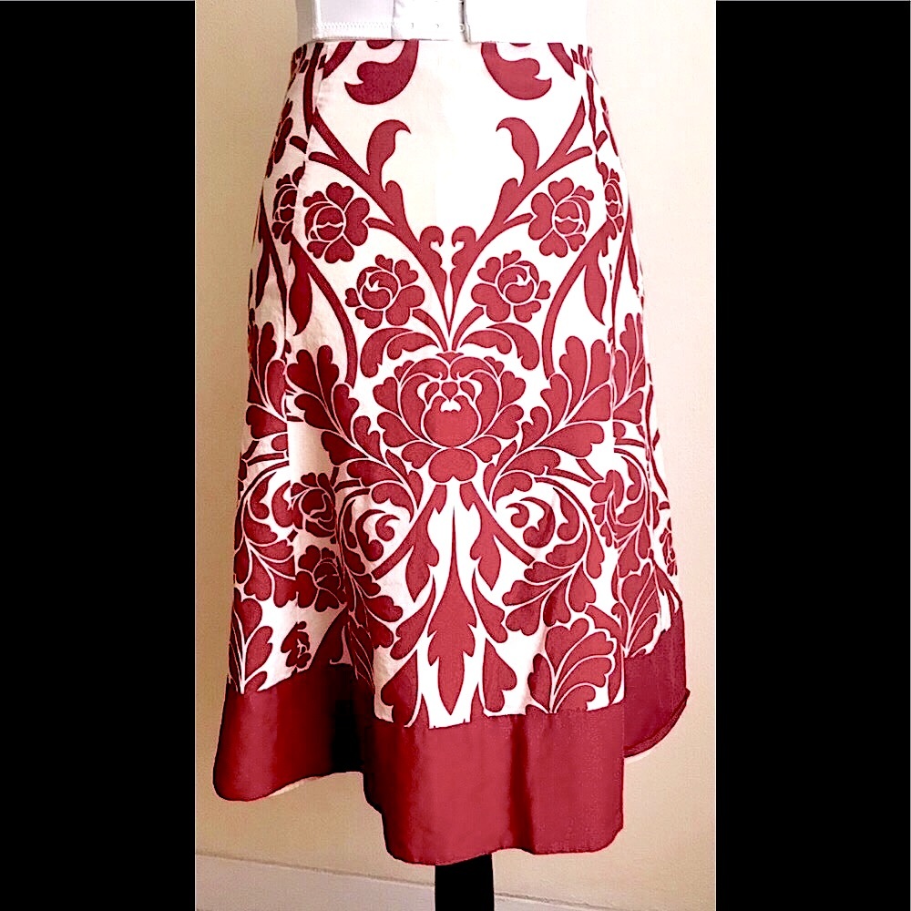 Red & Cream Fit & Flare Silk Skirt: Knee Length/Midi, High Waist, Sz. 2